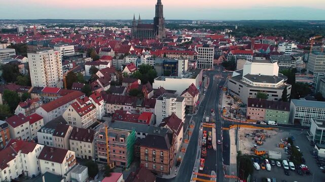 Aerial panoramic view of old town in the city Ulm in Germany on a cloudy afternoon in autumn