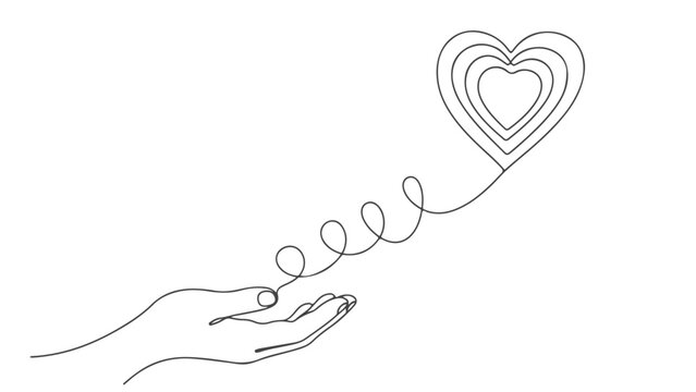 Abstract one line continuous art illustration of a hand offering a heart, symbolizing love and connection, modern minimalist design