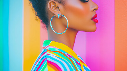 Naklejka premium Close-up profile of stylish Black woman wearing vibrantly striped collared shirt and large hoop earrings, set against bold, vertical striped background in cheerful pastel and vibrant colors, showcasin