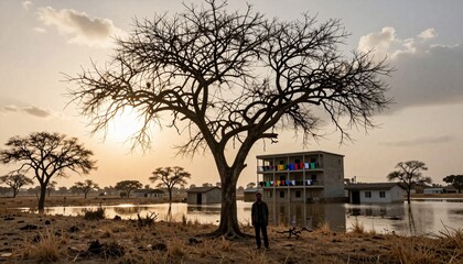 "Sunset Over Flooded Rural Landscape"