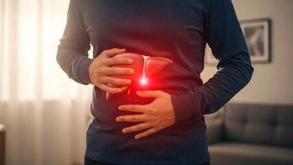 Liver pain and disease concept. Person holding abdomen with glowing red liver indicating discomfort or inflammation.