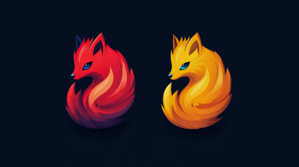 Fototapeta premium Vibrant digital illustration of two stylized foxes, one fiery red and other golden yellow, with piercing blue eyes, set against dark background, showcasing modern vector art and fluid forms.