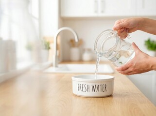 Person pours clear water from a glass pitcher into a bowl labeled fresh water on a kitchen counter during daylight