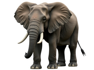 Obraz premium Close-up view of an elephant with visible tusks standing against a plain white background