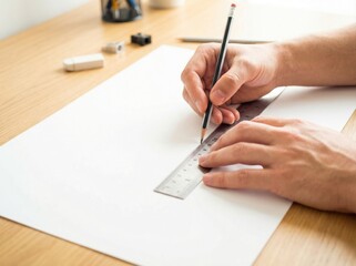 Naklejka premium Person draws lines on a large sheet of paper using a ruler and pencil in a workspace with various tools placed nearby