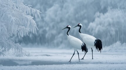 Fototapeta premium Red-Crowned Cranes Walking in Peaceful Winter Landscape