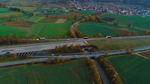 Aerial view of an autobahn crossing in south Germany ona sunny autumn day.
