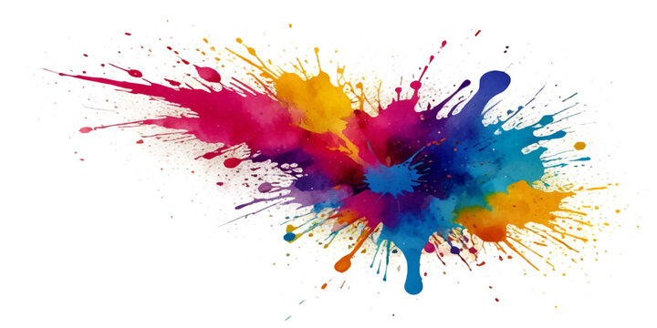 Abstract dynamic color powder blast with pink, yellow, and blue pigments bursting outward on a clean white background, forming a bold festive dust splash ideal for Holi and modern creative designs