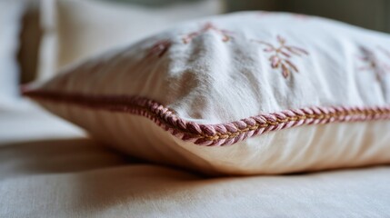 Close-up of a white pillow with a pink embroidered design on it. the pillow is resting on a beige surface, and the background is blurred, making the pillow the focal point of the image.