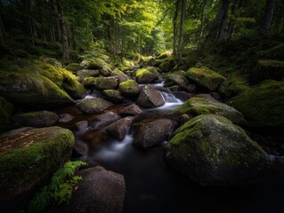 Fototapeta premium Forest river flowing rapidly over mossy rocks in a serene autumn landscape