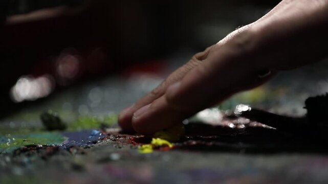 Extreme close-up of artist's fingers crushing a blob of yellow oil paint on a messy, colorful palette with brushes nearby in a dark atmospheric art studio.

