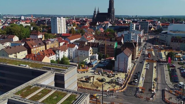 Aerial panoramic view of old town in the city Ulm in Germany on a cloudy afternoon in autumn