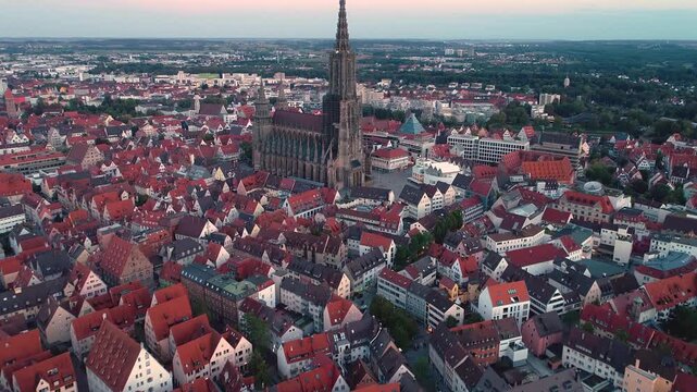 Aerial panoramic view of old town in the city Ulm in Germany on a cloudy afternoon in autumn