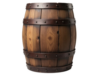 A wooden barrel with metal straps on a white background