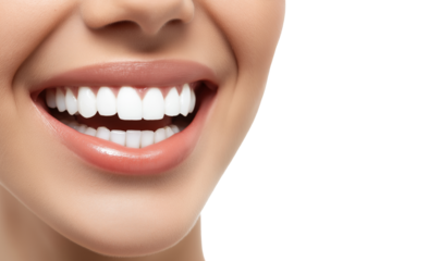 Happy woman's beautiful white teeth and glowing lips, isolated on white, png