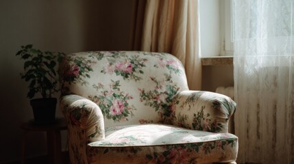 Old armchair in a corner of a room. the armchair is upholstered in a floral fabric with pink and green flowers. it has a curved backrest and armrests.