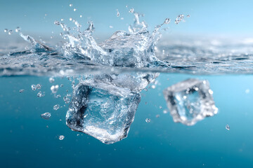 Clear ice cubes splash into a refreshing pool of blue water on a sunny day
