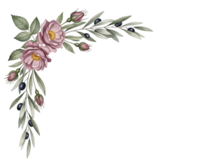 Hand painted elegant watercolor corner frame with wild roses and olive branches in muted mauve isolated on white background