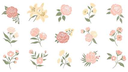 Collection of various flowers and plants illustrated in a minimalist style