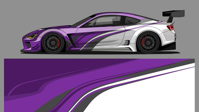Purple sports car with dynamic graphics and swooping curves in a stylized design.