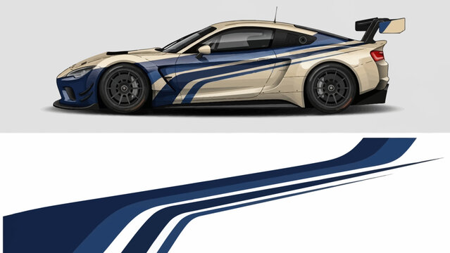 Sleek blue race car with dynamic swoosh graphics and racing livery.