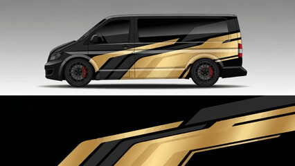 Sleek black van with bold gold graphic wrap designed for branding and marketing. © AhzaArdiansyah