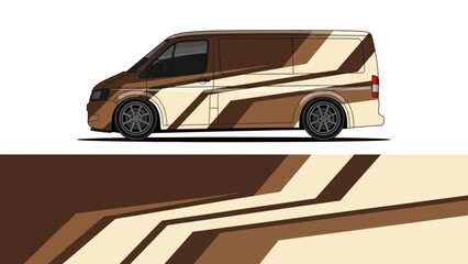 Descriptive retro camper van with brown and beige stripes and graphic graphics in a vintage design. © AhzaArdiansyah