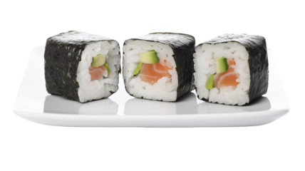 Three fresh salmon and avocado sushi rolls on a white plate, isolated on white, png