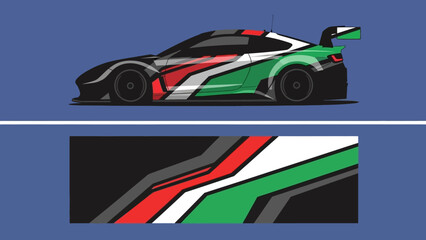 Stylized racing car with vibrant Italian flag livery on a blue background.