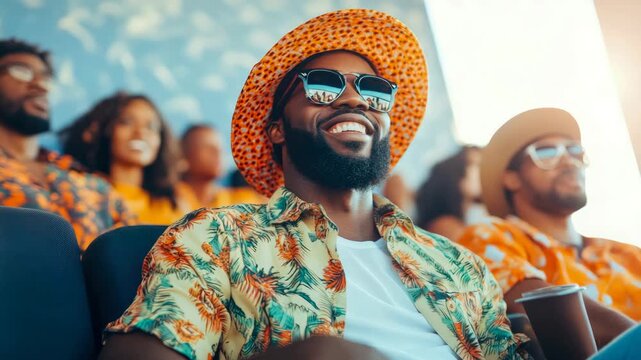 Joyful spectator, African American man in stylish tropical print shirt and patterned hat, beams with delight during lively entertainment experience.