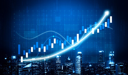 A vibrant blue financial growth chart rising above a city skyline at night, symbolizing success and...