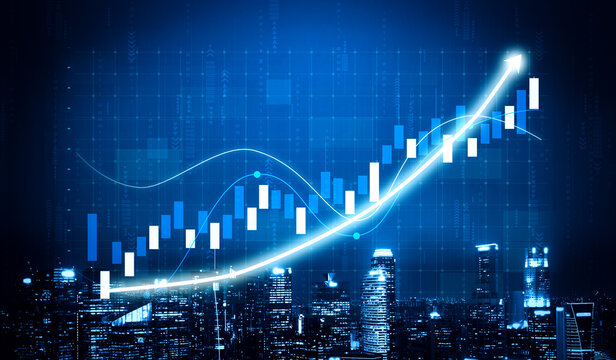A vibrant blue financial growth chart rising above a city skyline at night, symbolizing success and progress in urban business environments. Impute - Powered by Adobe
