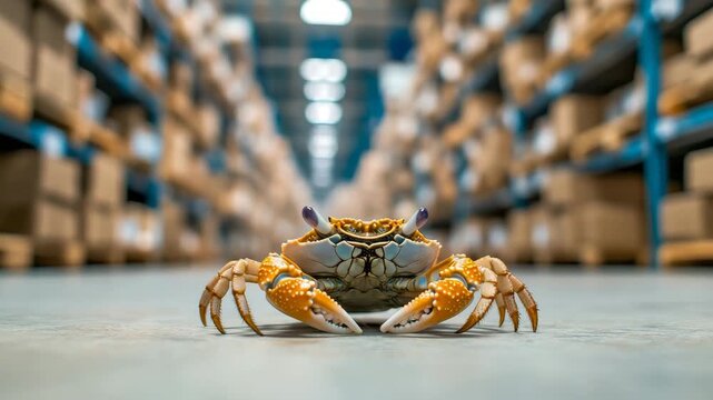 Detailed creature found alone inside sprawling distribution center, resting on concrete ground beneath towering shelves filled with packaged goods.