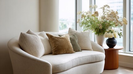 Fototapeta premium Living room with a large window on the right side. the window has white curtains and is letting in natural light.
