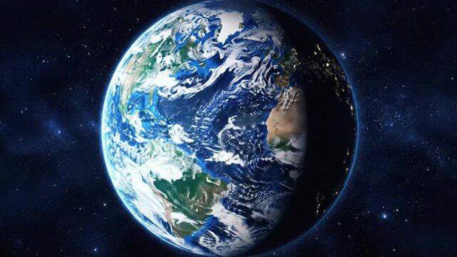 Rotating Earth in Space with Clouds, Continents, and Cities Illuminated at Night, Planetary View