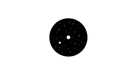 Obraz premium Minimalist black circle with white stars and a prominent moon, depicting the night sky or cosmic universe on a clean white background
