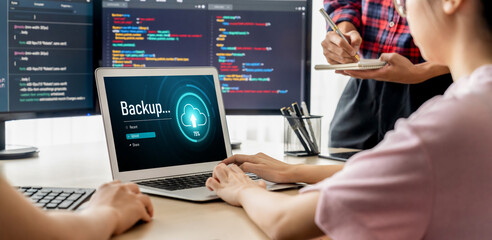 Backup Storage Data Internet Technology Business concept. Database storage cloud technology file data transfer sharing, cyber, big data information, internet banking application download upload brisk