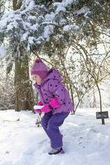 Cute little girl in purple winter overalls playing and crawling in deep white snow in sunny forest