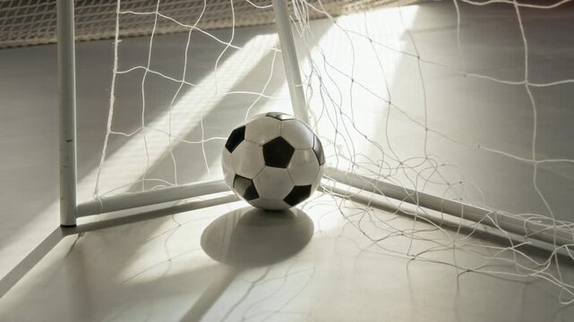 Minimalistic close up shot of soccer ball in gate at white indoor gym lit by sunlight creating harsh shadows, no people, copy space