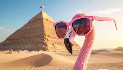 A pink flamingo wears giant pastel pink 60s diva style sunglasses, in the background a large pyramid in the desert.