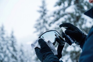 Cleaning ski goggles while preparing for a day on the slopes in a snowy forest