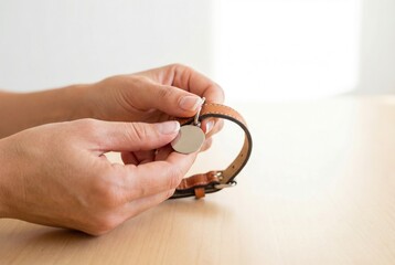 Person adjusts a round watch face while sitting at a wooden table in a bright indoor space during the day