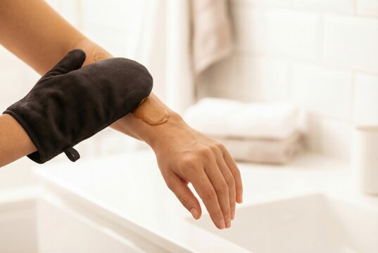 Person applying self-tanning lotion to arm in bathroom during daytime routine