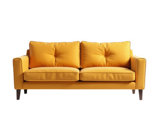 Fototapeta premium A bright yellow couch sits on top of a clean white floor, providing a simple and cozy atmosphere