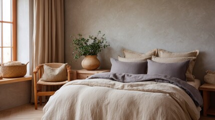 Fototapeta premium Bedroom with a large window on the left side. the window has beige curtains and is letting in natural light.