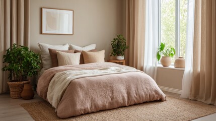 Fototapeta premium Modern bedroom with a large window on the right side. the window is covered with beige curtains and has a view of greenery outside.
