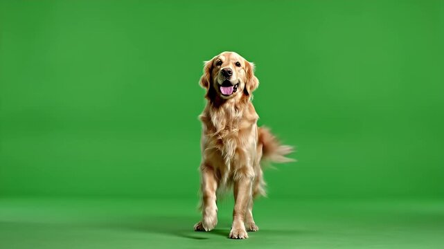 Joyful golden retriever dog performing energetic dance moves and standing on hind legs with paws raised on a vibrant green screen background, showcasing playful canine behavior and pure happiness.