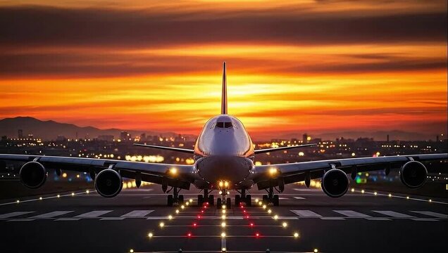 Boeing 747 gracefully lands at dusk, city lights glow under vibrant orange sky, ready for global travel and logistics solutions