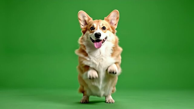 Joyful Pembroke Welsh Corgi dog performing an energetic dance routine on a vibrant green screen background, showcasing happy movement and playful behavior.