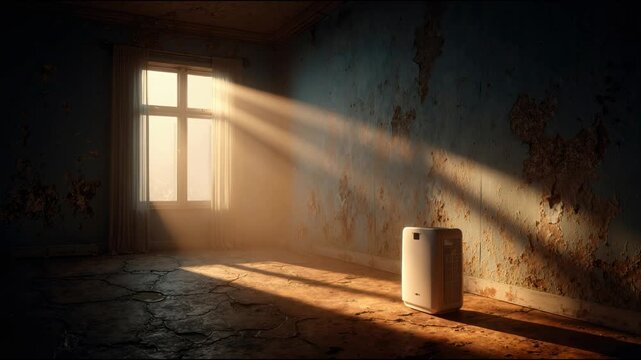 Efficient dehumidifier in room with damp walls highlighting moisture control for improved indoor air quality